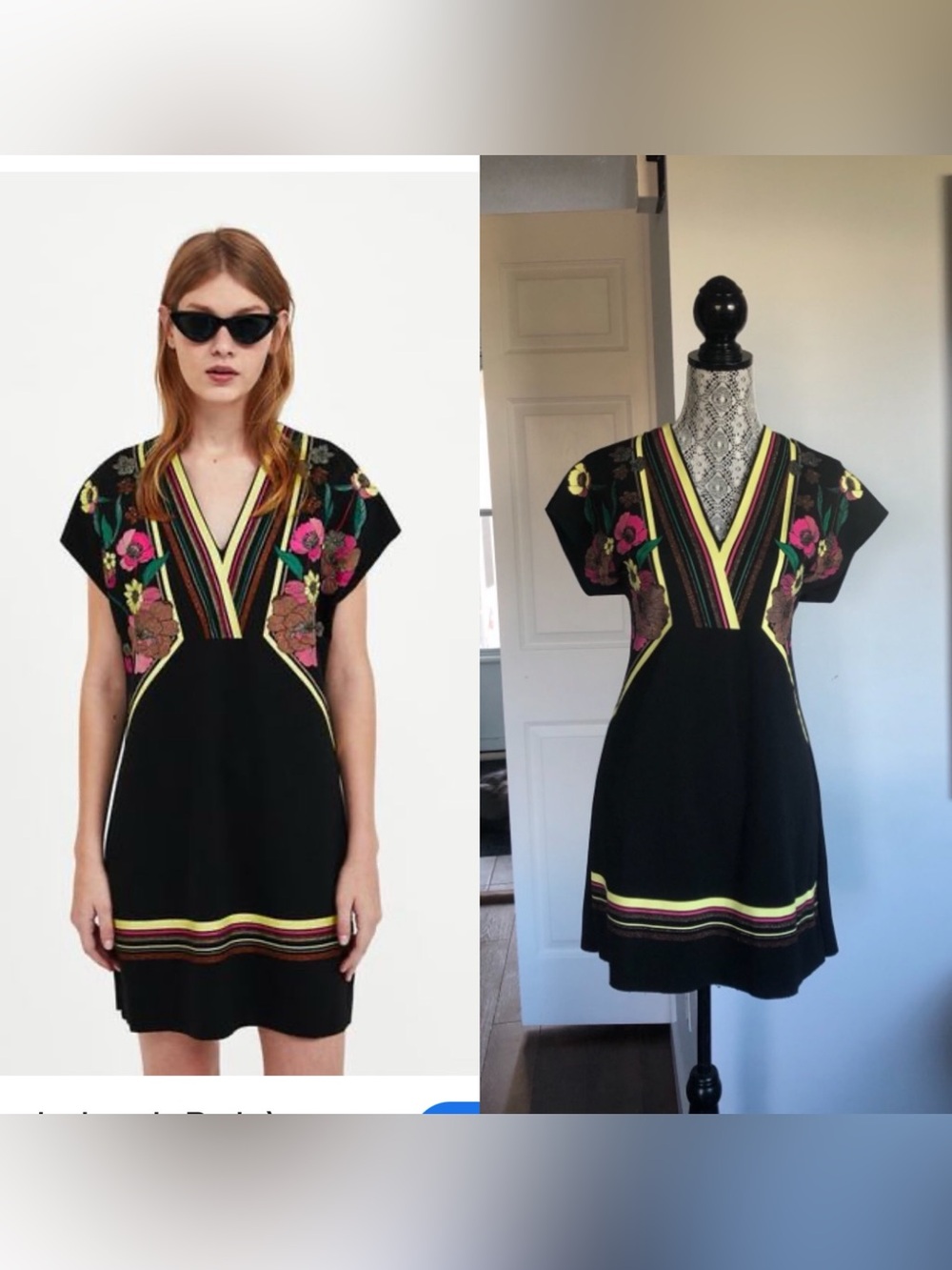 New Boho V-Neck Tunic Shift Dress. Small. Black With Metallic Thread Detail